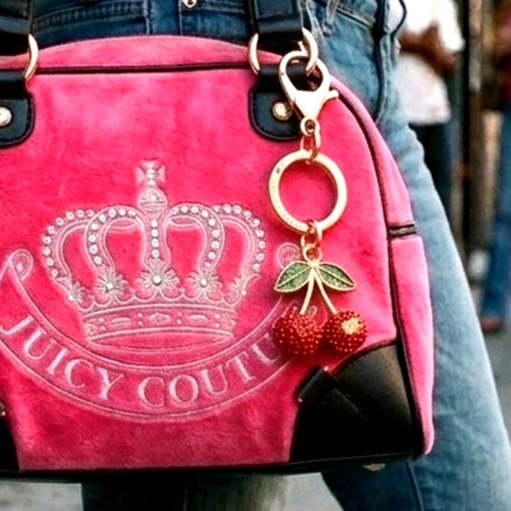 Juicy Couture cherry rhinestone keychain green enamel leaves gold-tone hardware